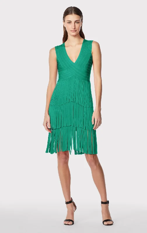 Women's High Collar DressesV NECK FRINGED MIDI DRESS