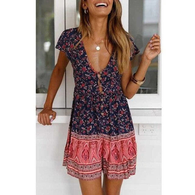 Women's Keyhole Collar DressesFashionSierra - Women Summer Clothes Red Blue Floral Print Sexy Tunic Boho Mini Dress Vneck Button Ladies Bohemian Beach Dresses Casual Sundress