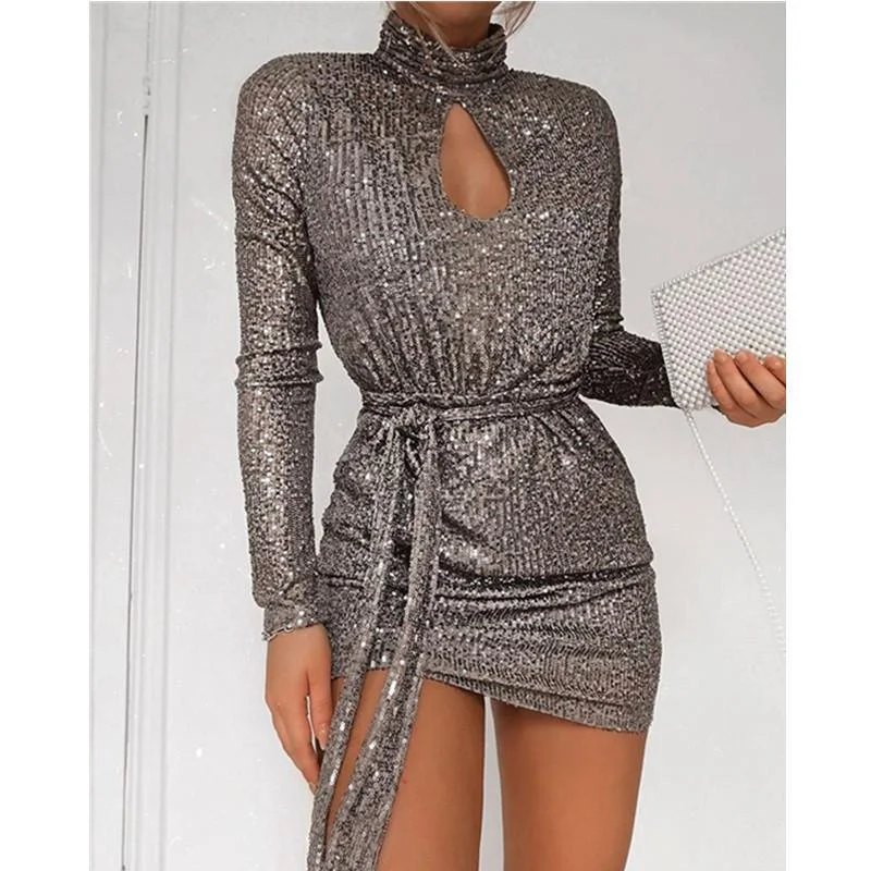 Women's Sleeveless DressesFashionSierra - Women Sequined Keyhole Tie Waist Dress Club Wear Party Mini Dress Asymmetric Sexy Bodycon Mini Vestidos