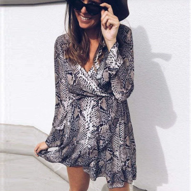 Women's Narrow Collar DressesFashionSierra - Women's Boho Mini Dress Long Sleeve V Neck Fashion Snake Leopard Printed Ruffled Frill Party Beach Sundress