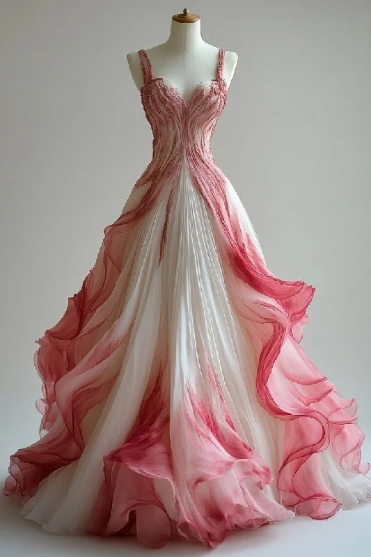 Women's Ruffled DressesVintage Ball Gown Straps Ombre Pink Prom Dresses Long Evening Gown Tulle Formal Party Dress       S6703