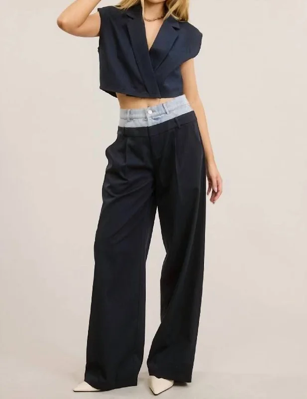 Women's Yoga PantsWide Leg Trouser With Denim Waistband In Navy