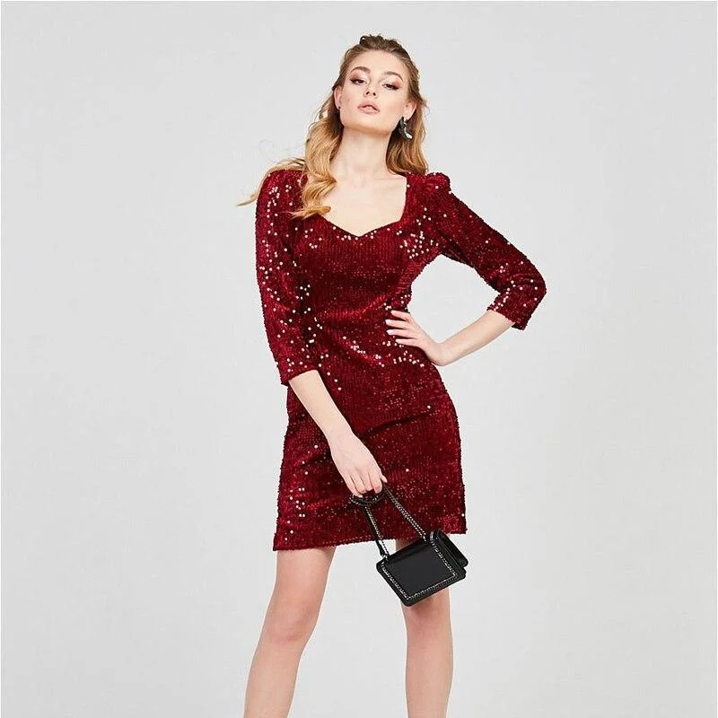 Women's V-Neck DressesFashionSierra - Sexy Square Collar Three Quarter Sleeve Sequin Mini Dress