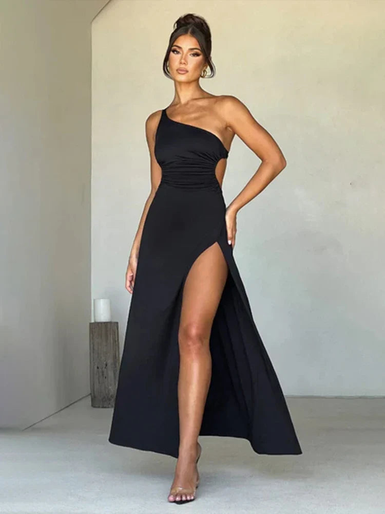 Women's Pleated DressesOne Shoulder Long High Split Backless Nightclub Sexy Spring Summer Maxi Dress