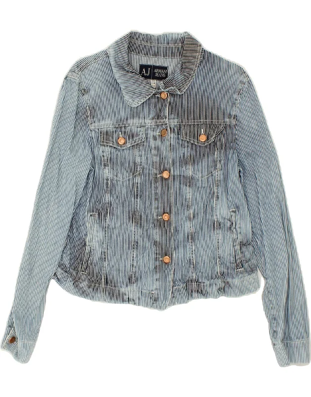 Women's Coats with PocketsARMANI JEANS Womens Crop Denim Jacket EU 44 Large Blue Pinstripe Cotton