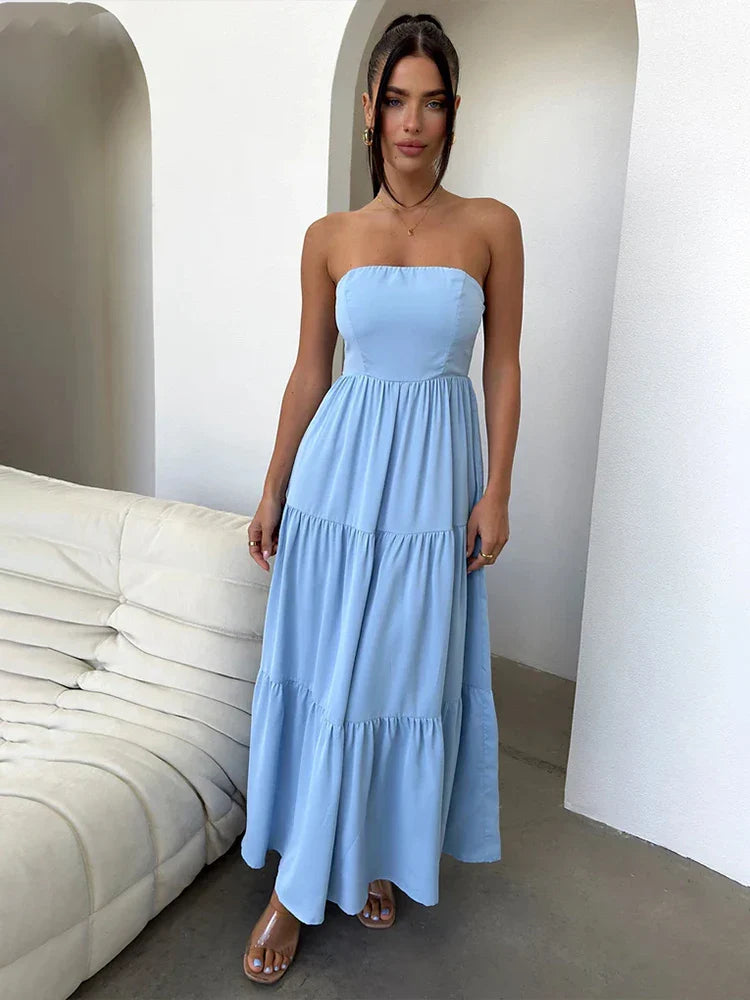 Women's Square Collar DressesPleated A-line Long Off Shoulder Backless Nightclub Spring Summer Maxi Dress