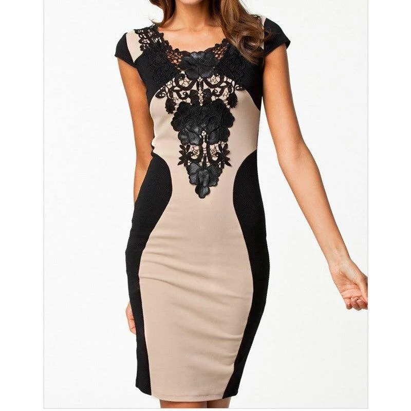 Women's Boat Collar DressesFashionSierra - Women Vintage Elegant Dress Round Neck Lace Package Hip Dress Sexy Backless Bodycon Mini Dress Glorious Sexy Short Sleeve Dress