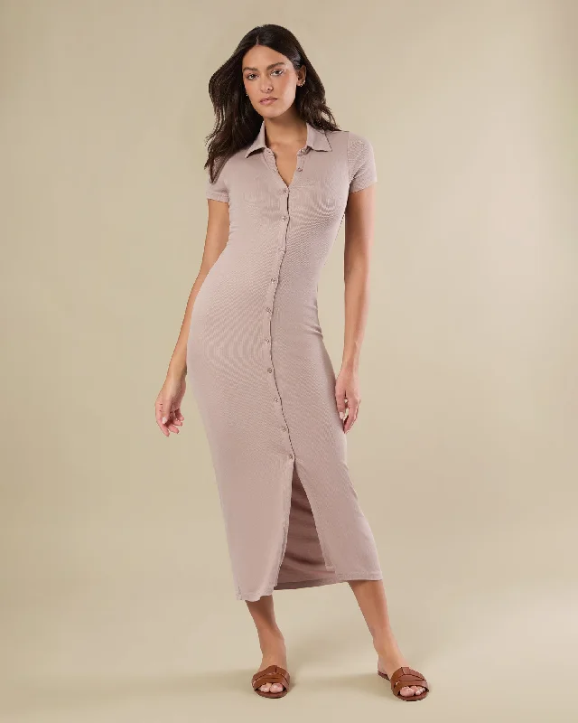 Women's High-Neck DressesShort Sleeve Button Down Midi Dress