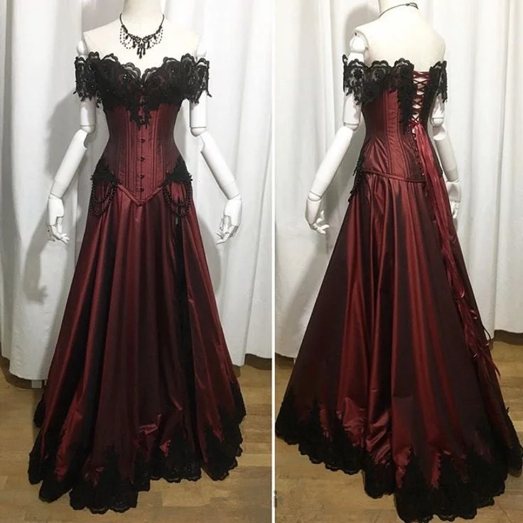 Women's Low Collar DressesA Line Burgundy Off Shoulder Party Prom Dresses Long Evening Dress       S6581