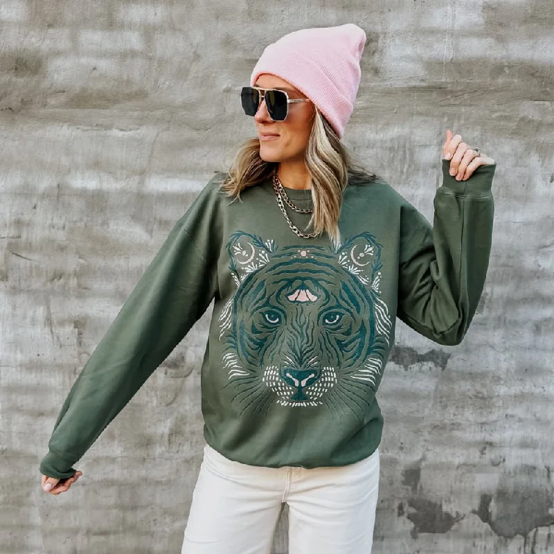 Women's Hooded Sweatshirts with Satin LiningTribal Tiger Crewneck