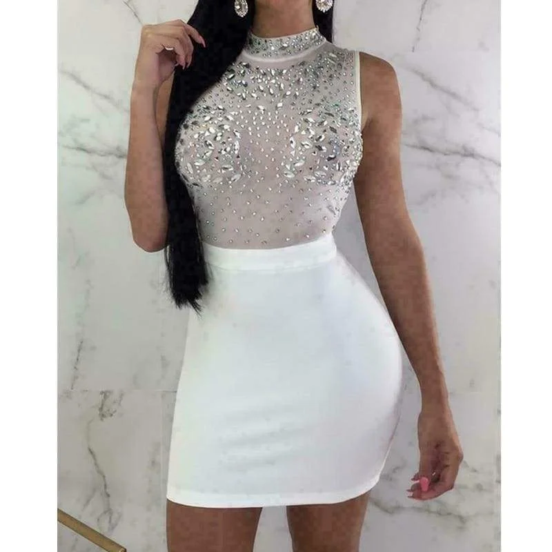 Women's Lapel Collar DressesFashionSierra - Women Evening Party Dress Bandage Bodycon Sleeveless Clubwear Ladies Summer Short Slim Fit Mini vestidos Dress Sundress