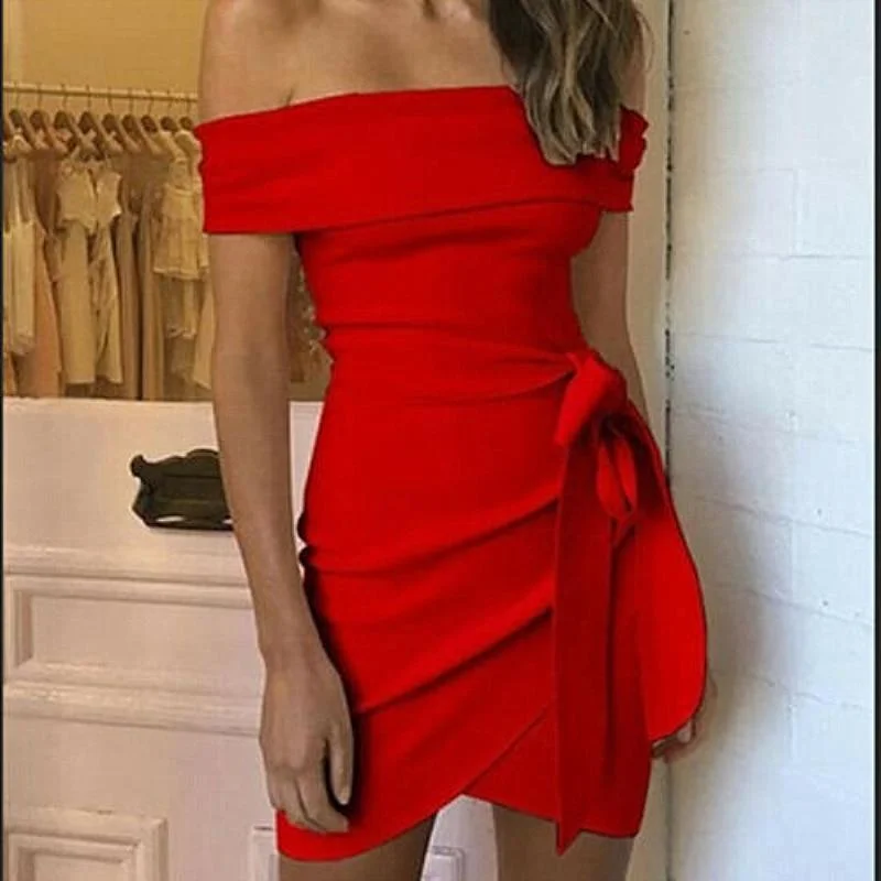 Women's Wide Collar DressesFashionSierra - Women Summer Off Shoulder Ruffle Frill Mini Dress Elegant Ladies Holiday Bodycon Irregular Mini Party Dress