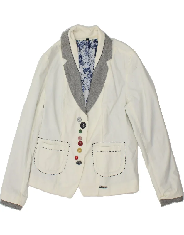 Women's Coats with Fur Trimmed HoodDESIGUAL Womens Graphic 3 Button Blazer Jacket EU 44 XL White Cotton