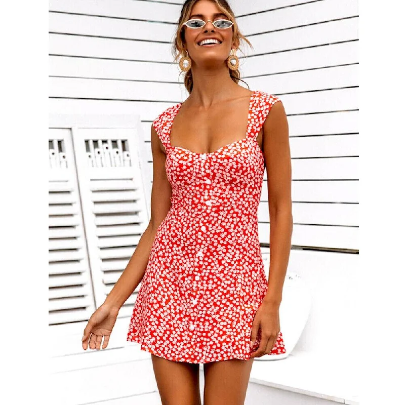 Women's Square-Back DressesFashionSierra - Women's Summer Boho Floral Bodycon Sleeveless Mini Dress Fashion Ladies Holiday Casual Beach Short Sundress New