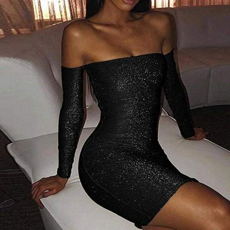  Women's A-Line DressesFashionSierra - Women Bling Bodycon Mini Dress Elegant Strapless Off Shoulder Long Sleeve Party Club Short Ladies Dresses