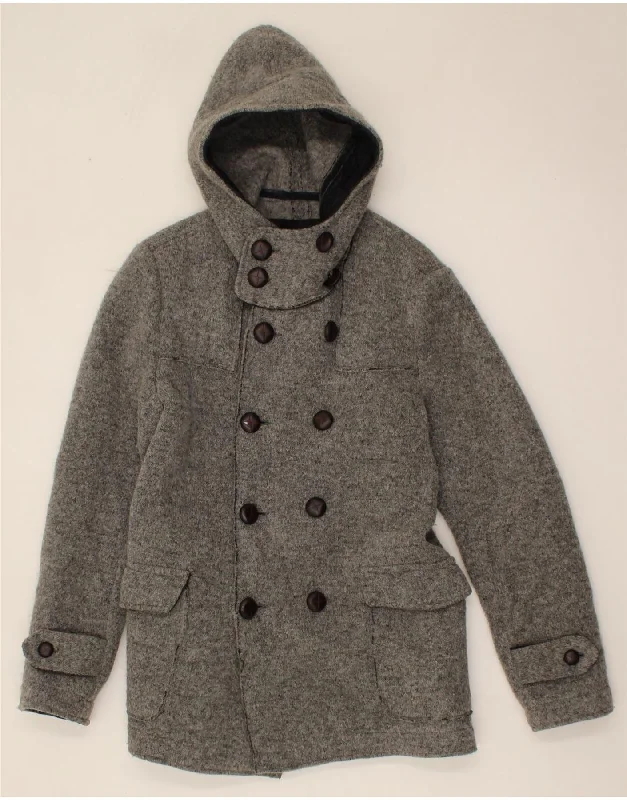 Women's Coats with Fur Trimmed PocketsVINTAGE Womens Hooded Double Breasted Coat IT 50 XL Grey Wool