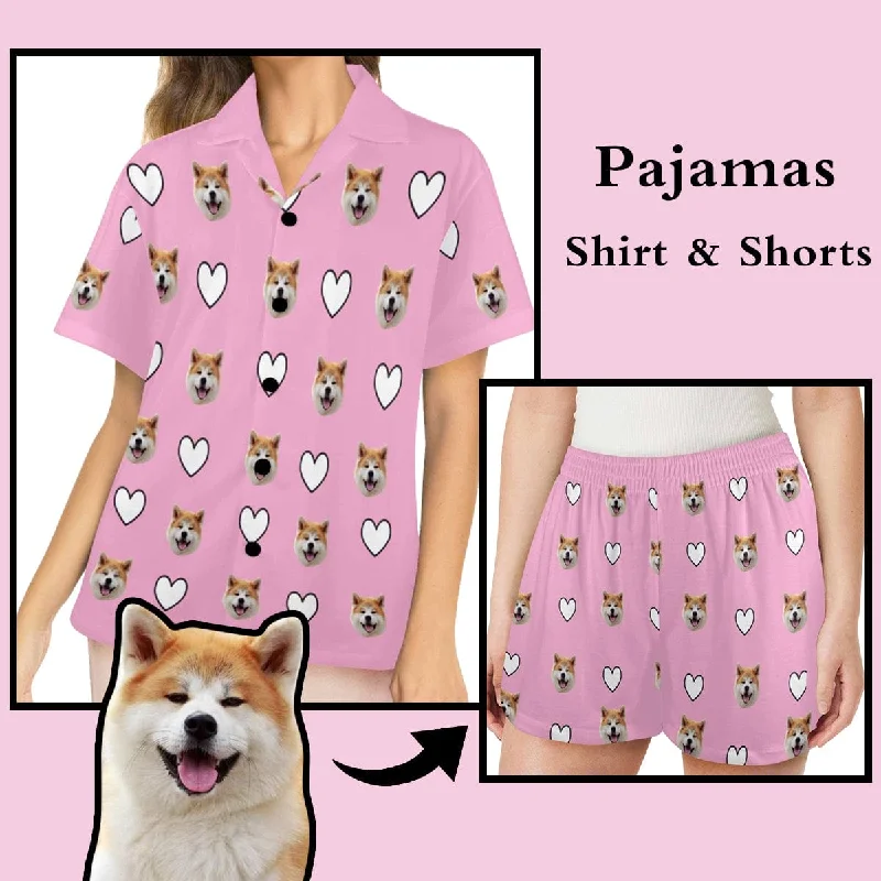 women's pajamas for those who love to indulgeCustom Face Pink Heart Women's V-Neck Short Sleeve Pajama Tops Bottoms Personalized Pajamas Loungewear