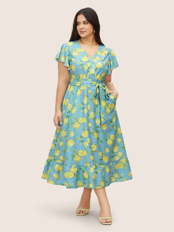 Women's Mandarin-Neck DressesCitrus Lemon Print Ruffle Cap Sleeve Belted Dress