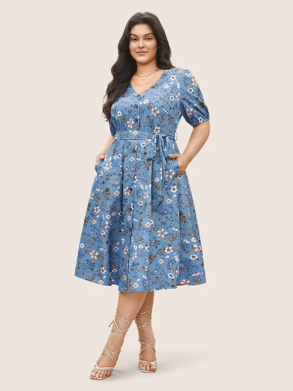 Women's Shift DressesDitsy Floral Belted Lantern Sleeve Button Up Dress