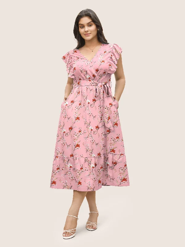 Women's Boat-Back DressesDitsy Floral Flutter Trim Pocket Layered Hem Dress