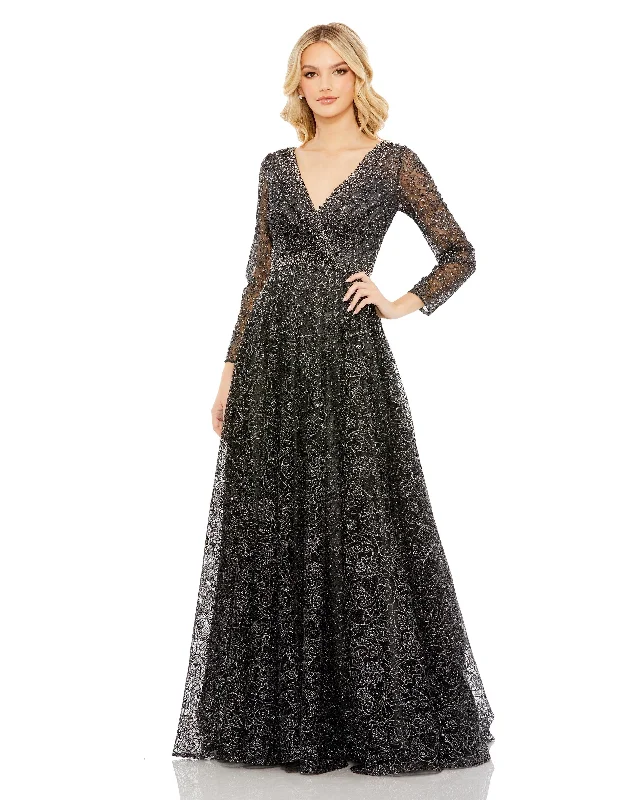 Women's Empire Waist DressesEmbellished Illusion Long Sleeve V Neck Gown