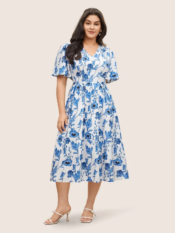 Women's Narrow Collar DressesFloral Pocket Shirred Elastic Waist Dress