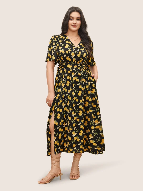 Women's Narrow Collar DressesCitrus Lemons Print Belted Surplice Neck Split Side Dress