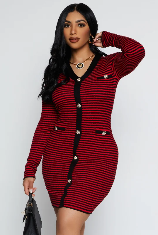 Women's Keyhole Collar DressesStriped Ribbed Knit Button Detail Dress