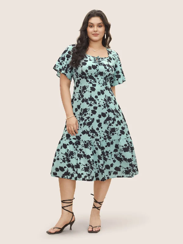 Women's One-Shoulder DressesSilhouette Floral Print Knot Neck Flutter Hem Dress