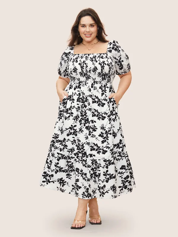 Women's Boat Collar DressesSilhouette Floral Print Shirred Puff Sleeve Dress