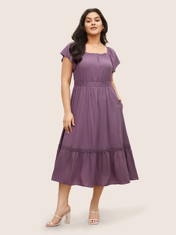 Women's Boat-Back DressesSolid Cap Sleeve Shirred Frill Trim Dress