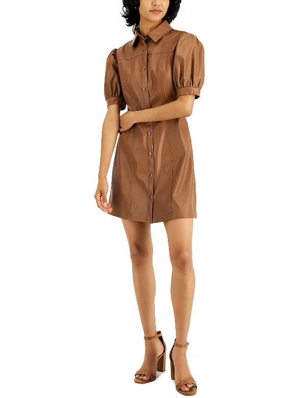 Women's Notched Collar DressesWomens Faux Leather Puff Sleeves Shirtdress