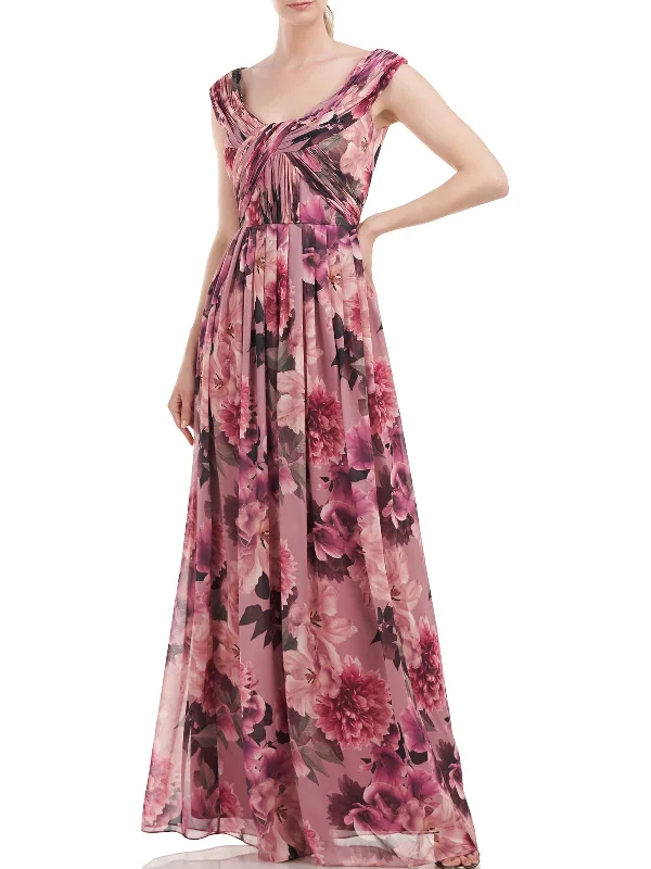 Women's Notched Collar DressesWomens Floral Pleated Evening Dress