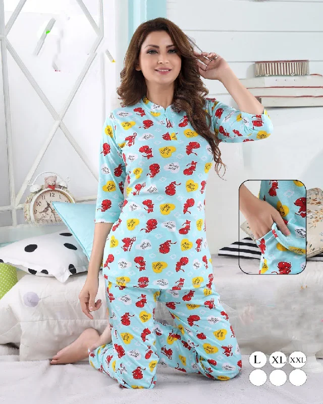 elegant women's satin pajamasWomen's Cotton Printed Blue Nightsuit Long Top Pajama Set