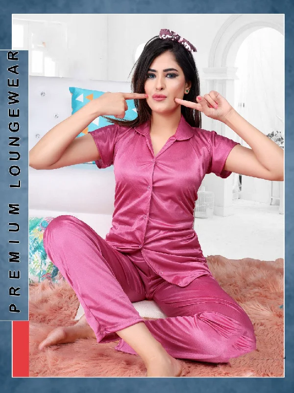 women's pajamas with a classic designBright Purple Satin Night Suit Wear Set for Ladies