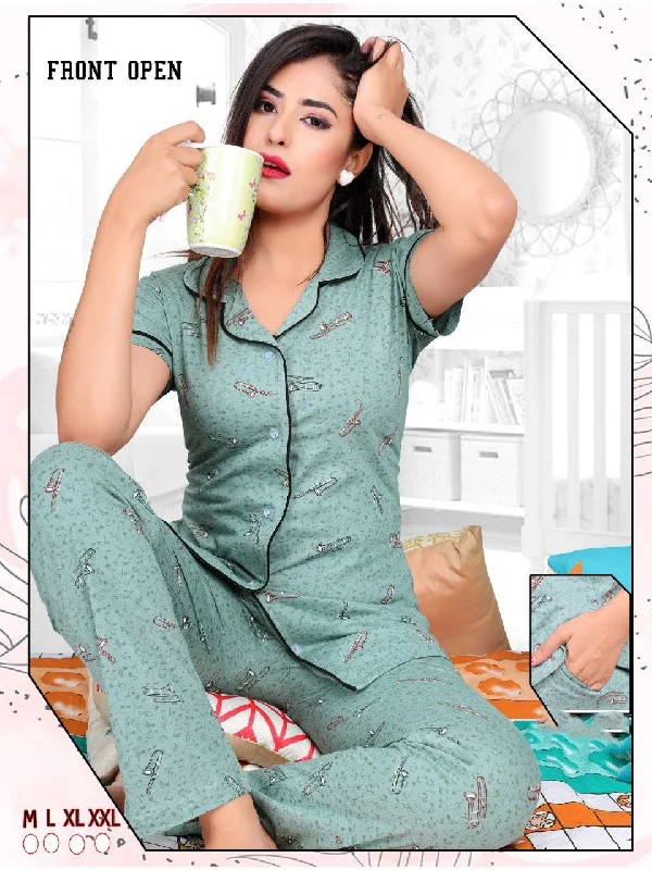 women's pajamas with a playful printCotton Pista Green Printed Collar Top Pyjama Sets Night Wear