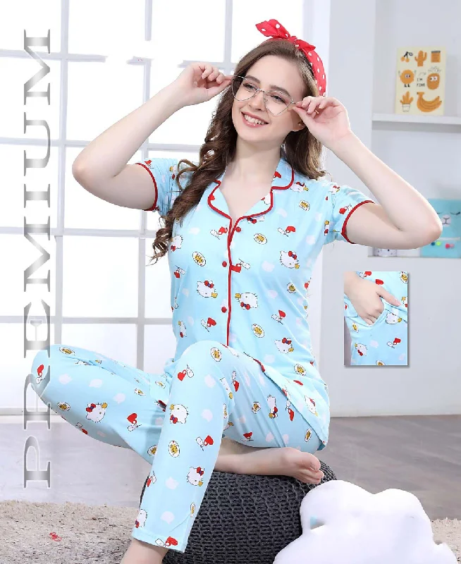 women's pajamas with lace trimCotton Blue Printed Women Night Suit