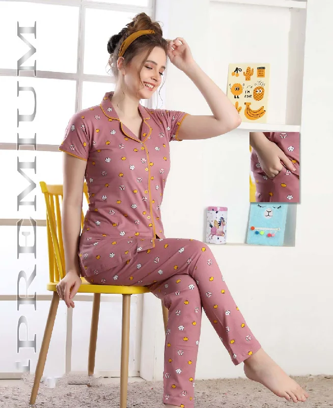 women's pajamas with elastic waistbandsCotton Dark Pink Printed Women Night Suit