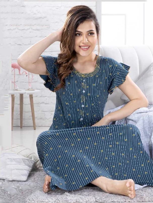 women's pajamas with button-flyGreen Printed Cotton Maxi Nightdress for Ladies