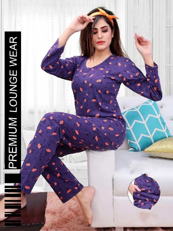 women's pajamas with a perfect blend of style and comfortFull Sleeves Dark Purple Printed Long Top Cotton Night Suit