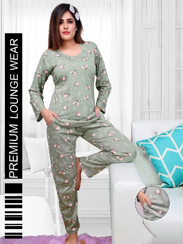 women's pajamas with a touch of whimsical funFull Sleeves Green Printed Long Top Cotton Night Suit