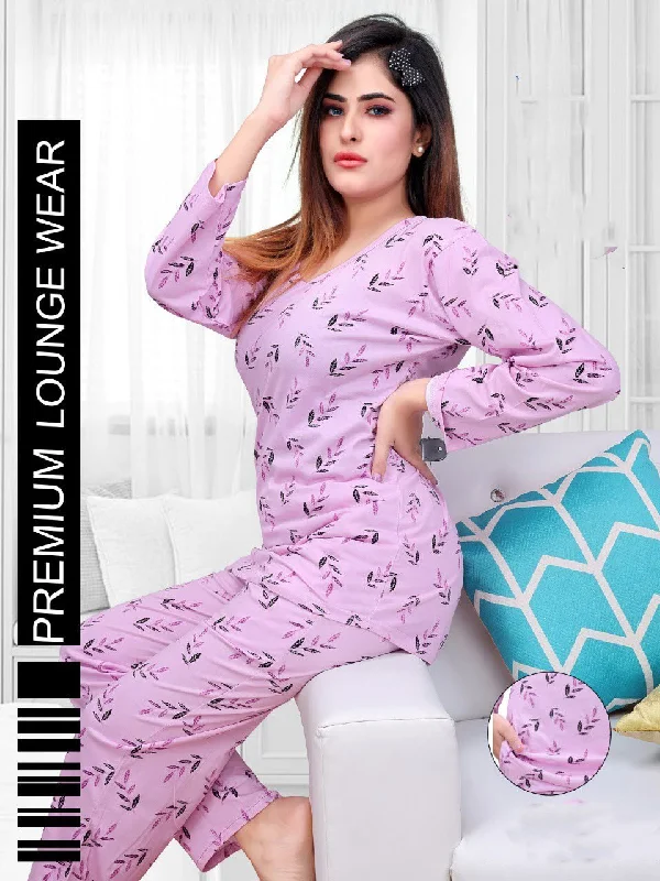 women's pajamas with a sophisticated eleganceFull Sleeves Purple Printed Long Top Cotton Night Suit