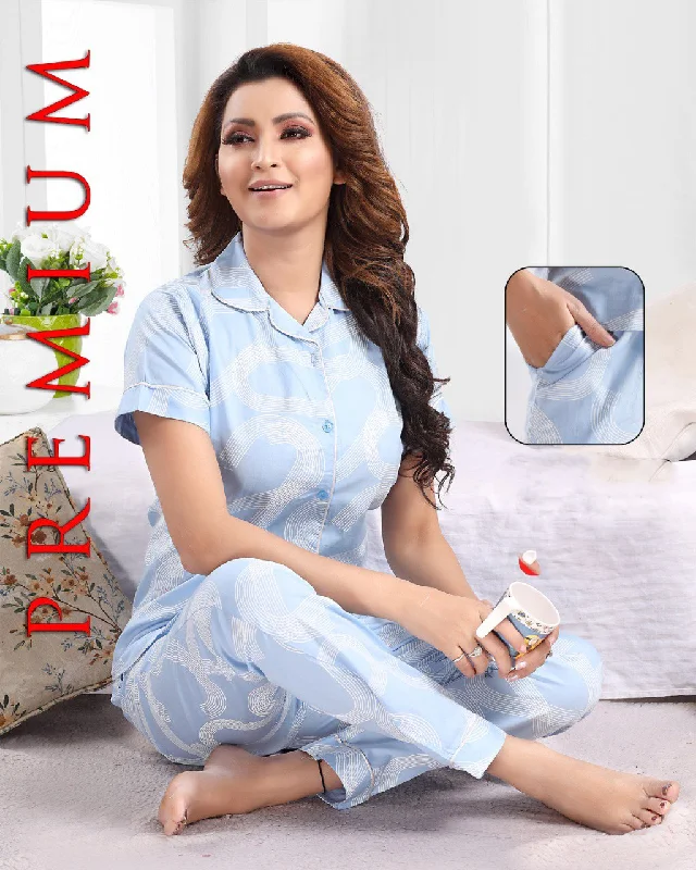 women's pajamas with a blend of comfort, style, and functionalityLadies Cotton Printed Blue Collar Top Pyjama Sets Nightwear