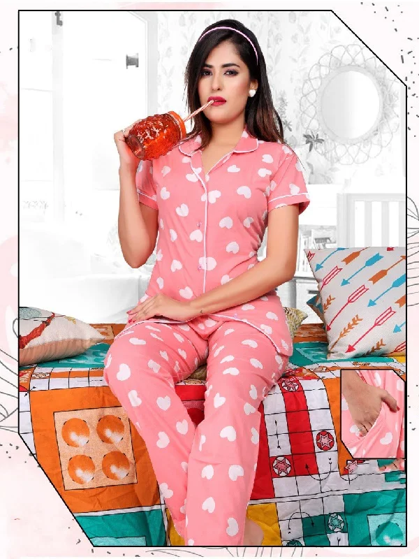 women's pajamas with a snug fitWomen Cotton Printed Pink Collar Top Pyjama Sets Night Suit