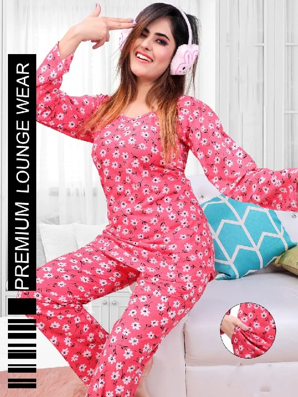 women's pajamas with a whimsical charmLong Sleeves Red Printed Long Top Cotton Night Suit