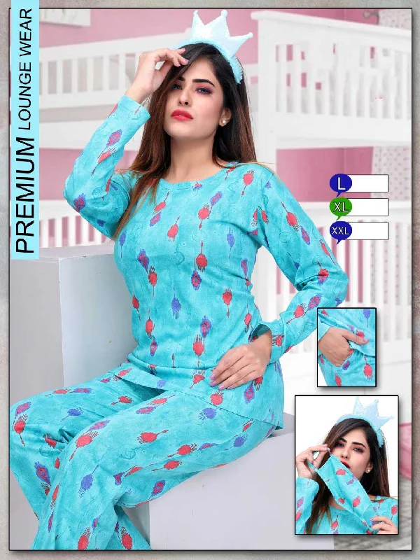 women's pajamas designed for those who believe in sweet dreams and cozy nights.Long Top Full Sleeves Blue Cotton Night Suit for ladies