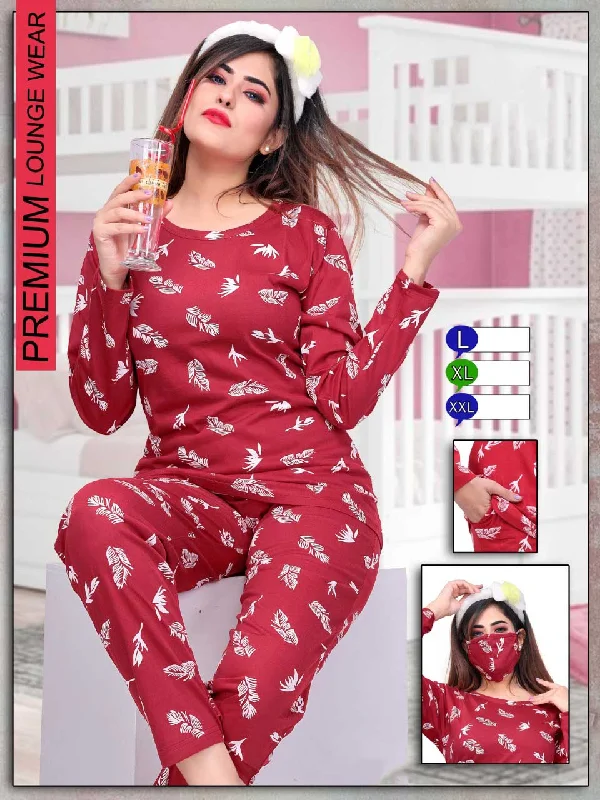 women's pajamas with a charming floral patternLong Top Full Sleeves Maroon Cotton Night Suit for ladies