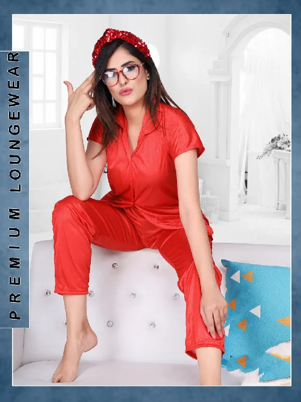 women's pajamas for a cozy night inRed Satin Night Suit Wear Set for Ladies