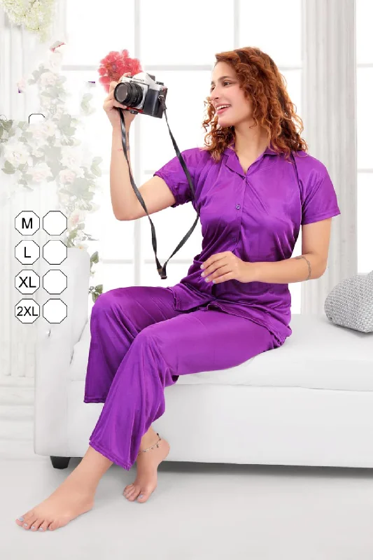 women's pajamas in soft, breathable materialsPurple satin night suits Combo Set for Ladies