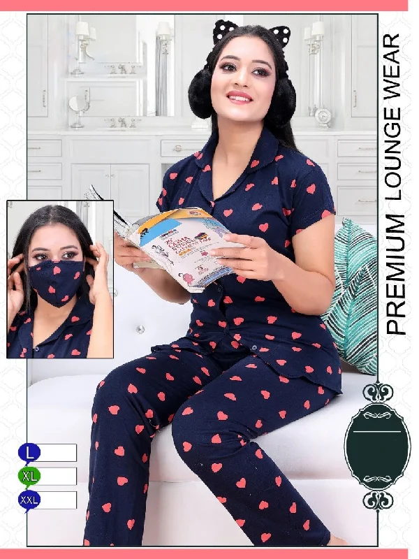 high-quality women's pajama setsLadies Dark Blue Cotton Night Suit Pajamas Set